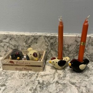 NIP Russ Berrie Ceramic Chicken Salt and Pepper Shakers + matching candles